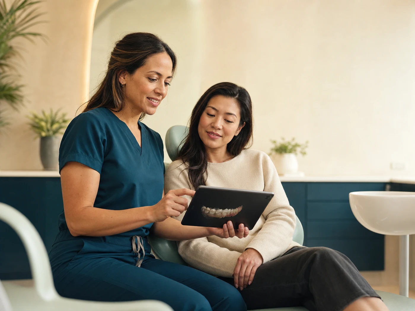 Dentista e paciente analisando juntas um planejamento digital
